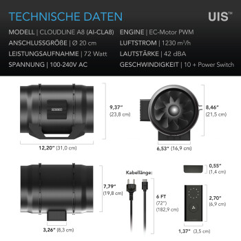 AC Infinity Cloudline A8 rörfläkt 1230 m³/h, ø200 mm, med varvtalsregulator